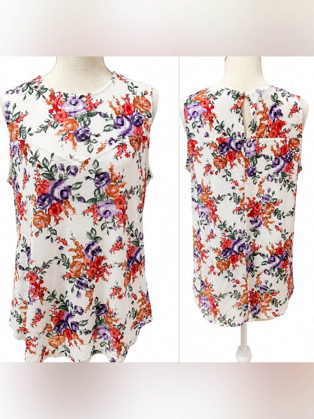 Apt. 9 White Sleeveless Floral Keyhole Tank with Purple & Orange Blooms